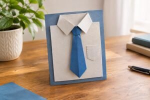 Cartão artesanal em formato de camisa social azul clara com gravata azul feita de papel dobrado (origami), sobre mesa de madeira, com planta em vaso e livros ao fundo.