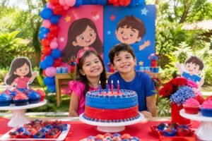 Duas crianças, uma menina e um menino, sorrindo em uma festa de aniversário ao ar livre. Na frente deles há um bolo decorado em azul e vermelho com velas acesas. Ao redor há cupcakes nas cores rosa e azul e painéis ilustrados com personagens animados de uma menina e um menino, além de balões nas cores vermelha, azul e rosa ao fundo.