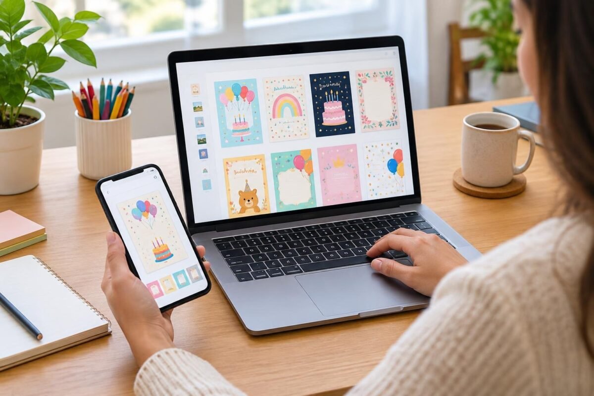 Pessoa vista de trás, sentada em uma mesa de madeira, usando um notebook onde estão exibidos vários modelos coloridos de convites de aniversário. Na mão esquerda, segura um smartphone que mostra um convite com bolo e balões. A mesa tem canetas, uma planta, um caderno e uma caneca.