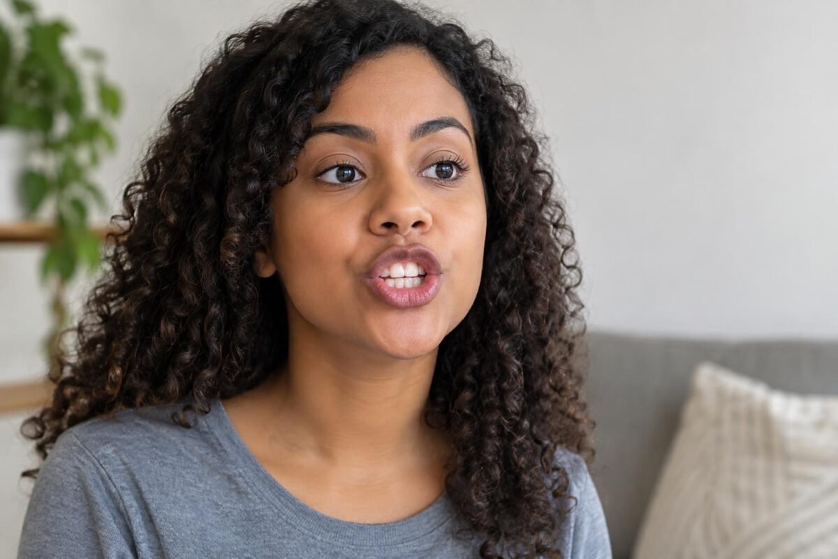 Trava Kingua: O Segredo para Falar Sem Errar Mulher jovem de cabelo cacheado falando, com a boca aberta em posição de articular palavras; ela está em ambiente interno, casual, com uma plantinha ao fundo.