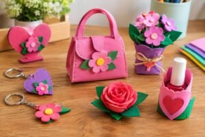 Mesa de madeira com várias lembrancinhas feitas de EVA colorido: uma pequena bolsa rosa decorada com flores, chaveiros em formato de coração rosa e roxo com flores, um porta-esmalte em rosa com coração e várias flores em tons de rosa e lilás em um vasinho roxo amarrado com corda.