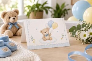 Convite físico para chá de bebê em uma mesa, com ilustração de ursinho segurando balões, ao lado de um ursinho de pelúcia, sapatinhos azuis, flores brancas e balões coloridos ao fundo.
