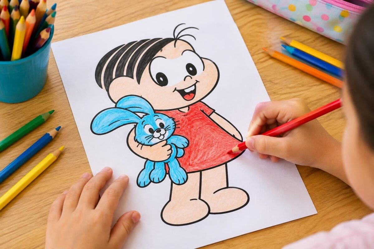 Mãos de criança colorindo um desenho da personagem Mônica segurando o coelho azul Sansão com lápis de cor vermelho, sobre uma mesa de madeira com outros lápis e estojo ao fundo.