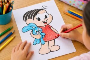 Mãos de criança colorindo um desenho da personagem Mônica segurando o coelho azul Sansão com lápis de cor vermelho, sobre uma mesa de madeira com outros lápis e estojo ao fundo.