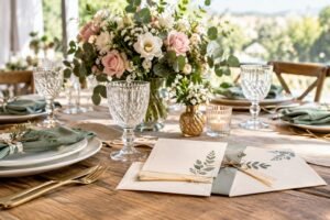 Mesa de madeira posta com pratos, copos de cristal, guardanapos verdes, arranjos de flores brancas e rosas, velas e convites decorados com folhas secas, em ambiente claro com vista desfocada ao fundo.