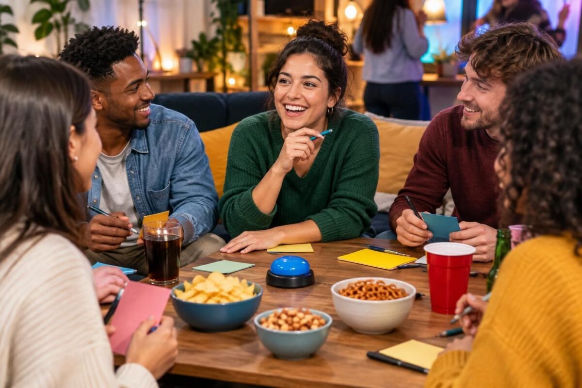 Cinco adultos sorrindo e conversando sentados ao redor de uma mesa com copos, petiscos e fichas coloridas, participando de um jogo ou quiz em ambiente informal e aconchegante.