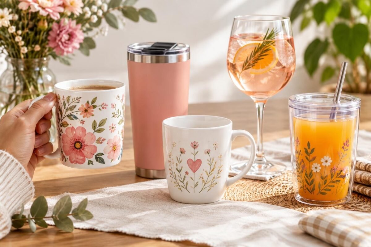 Mesa de madeira com quatro copos diferentes: uma caneca branca com flores rosas segurada por uma mão, uma caneca branca menor com desenho floral, um copo térmico rosa com tampa preta, uma taça com bebida e uma fatia de laranja, e um copo transparente com canudo cheio de suco laranja com estampa floral. Ao fundo, flores em vaso e plantas verdes desfocadas.