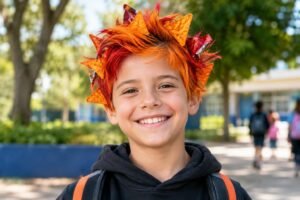 Criança sorridente em ambiente escolar com cabelo pintado em tons de laranja e vermelho e decorado com triângulos que simulam salgadinhos Doritos.