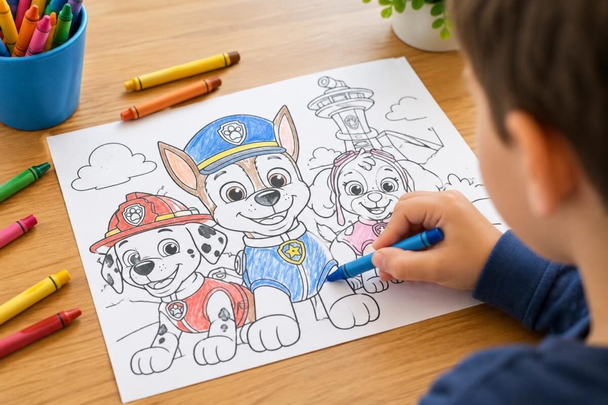 Criança colorindo um desenho preto e branco de três filhotes da Patrulha Canina com lápis de cor em uma mesa de madeira clara, ao lado tem vários lápis coloridos.