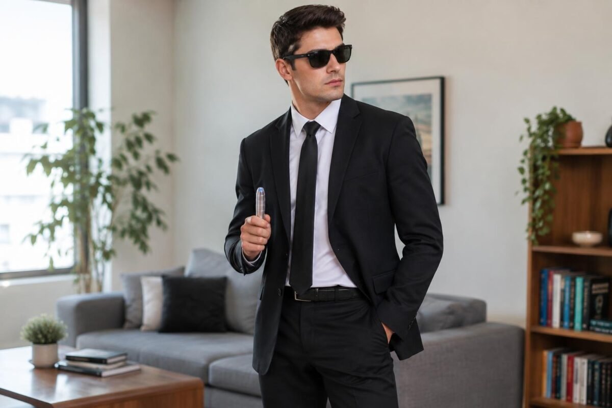35 Fantasias Halloween Fácil Masculina Que Você Monta Agora Homem de terno preto, camisa branca e gravata preta usando óculos escuros dentro de uma sala moderna. Ele segura uma caneta na mão direita enquanto olha para o lado.