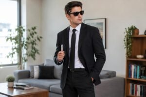 Homem de terno preto, camisa branca e gravata preta usando óculos escuros dentro de uma sala moderna. Ele segura uma caneta na mão direita enquanto olha para o lado.