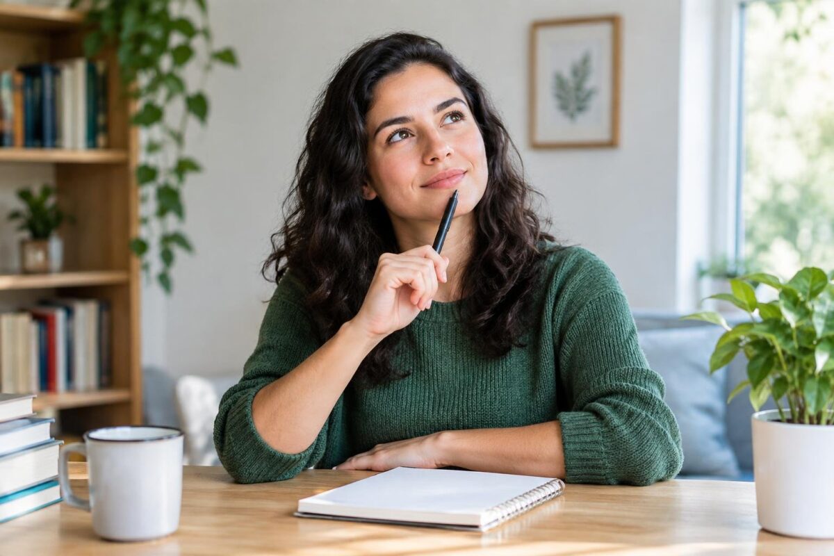 Mulher jovem sentada à mesa, olhando para cima com expressão pensativa, segurando uma caneta próxima ao rosto, com caderno aberto na frente, ambiente claro com planta e estante ao fundo.