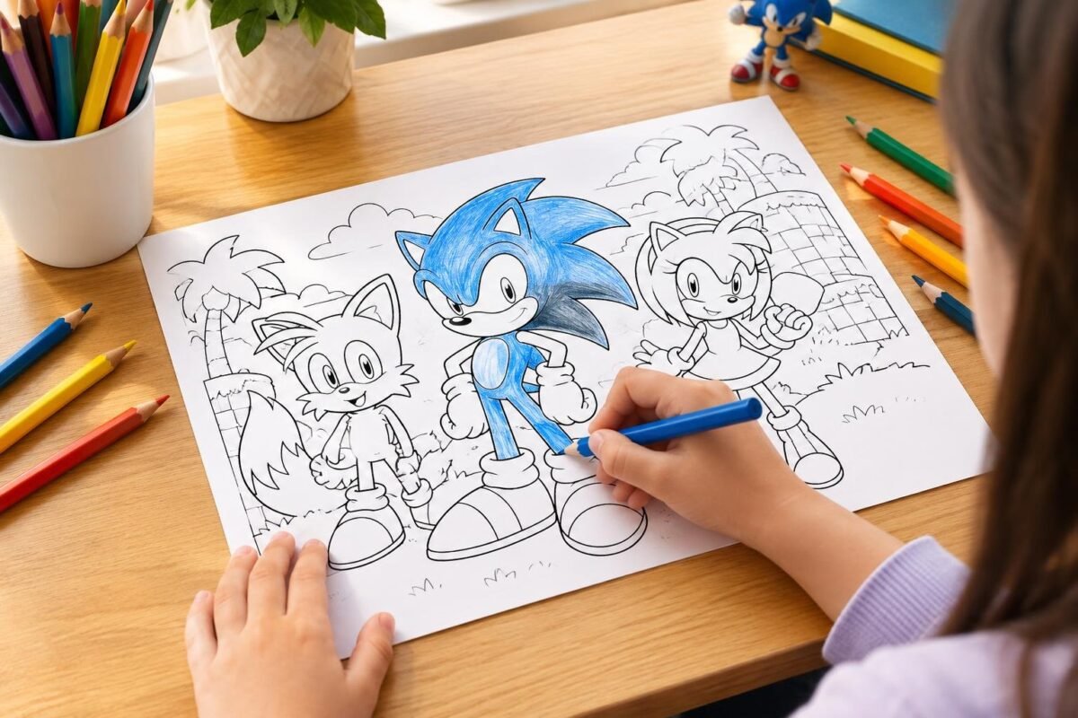Criança colorindo um desenho preto e branco dos personagens Sonic, Tails e Amy Rose em uma mesa de madeira, com lápis de cor e uma figura do Sonic ao fundo.