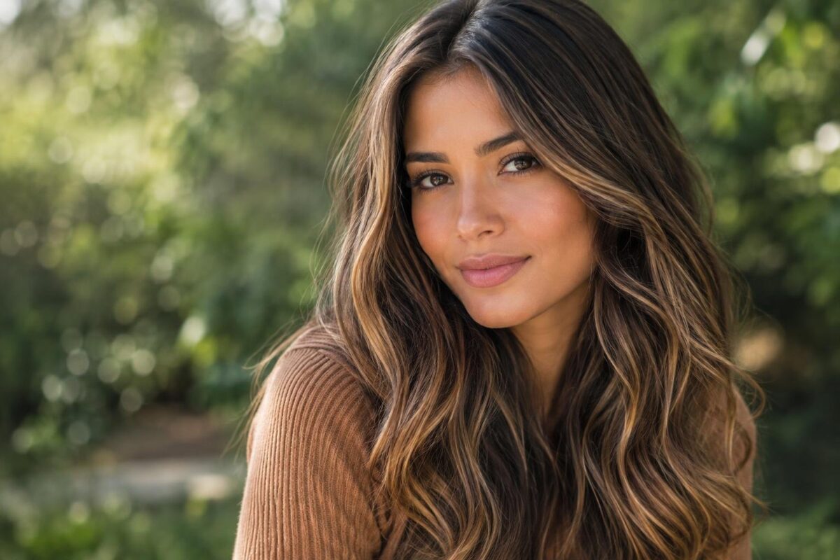 Mulher sorridente com cabelo castanho longo e ondulado, com reflexos dourados e tons de avelã, usando blusa marrom em fundo natural desfocado.