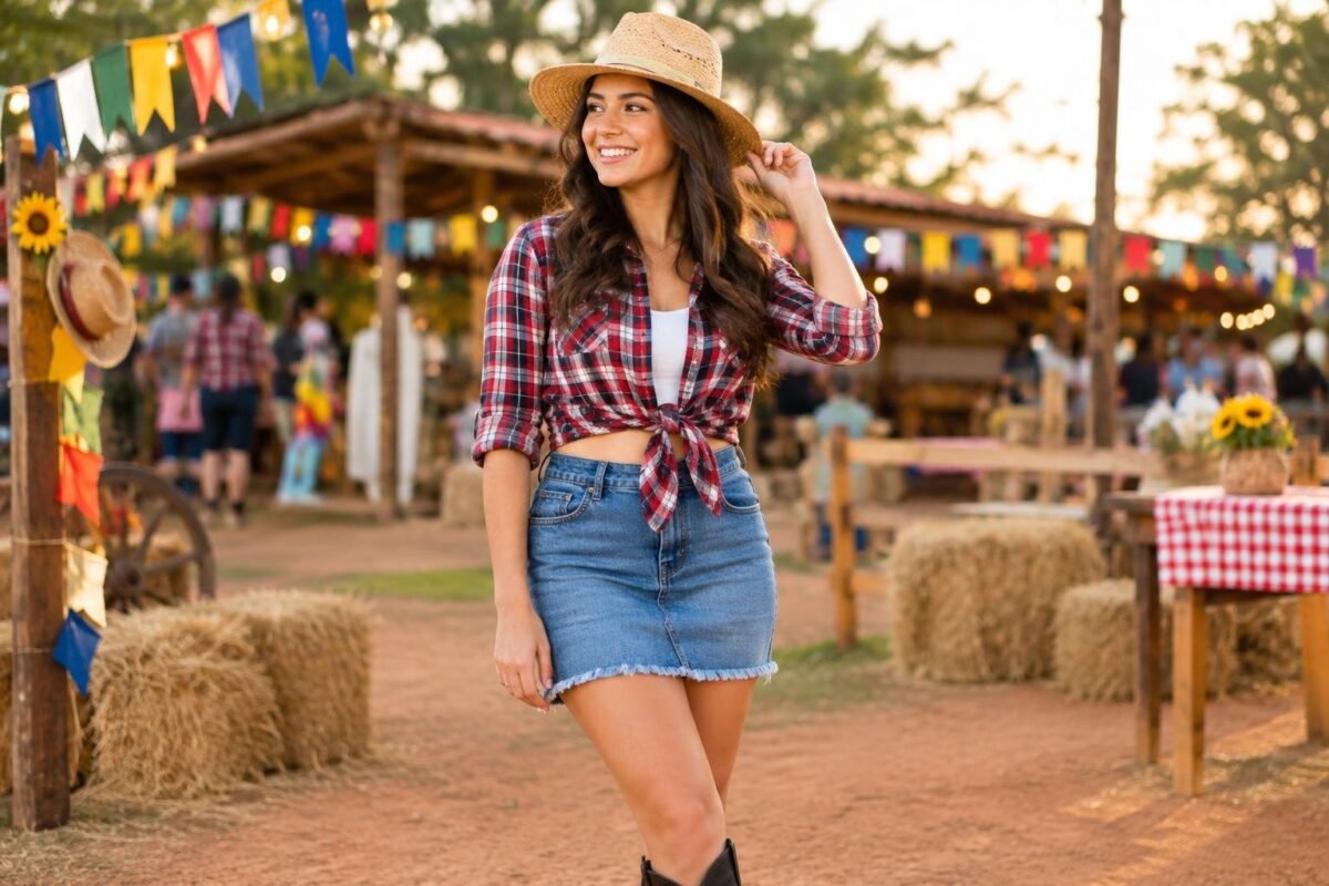 Mulher sorridente vestindo camisa xadrez vermelha amarrada na cintura, saia jeans curta, bota preta e chapéu de palha em festa junina ao ar livre com decoração colorida ao fundo.