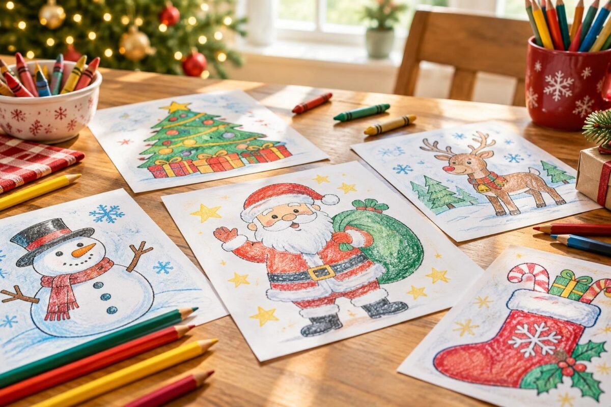 Mesa de madeira com vários desenhos natalinos coloridos feitos a lápis de cor, incluindo Papai Noel, boneco de neve, rena, árvore de Natal e meia de Natal com presentes. Ao redor, há potes com lápis de cor e materiais de pintura, com árvore de Natal desfocada ao fundo.