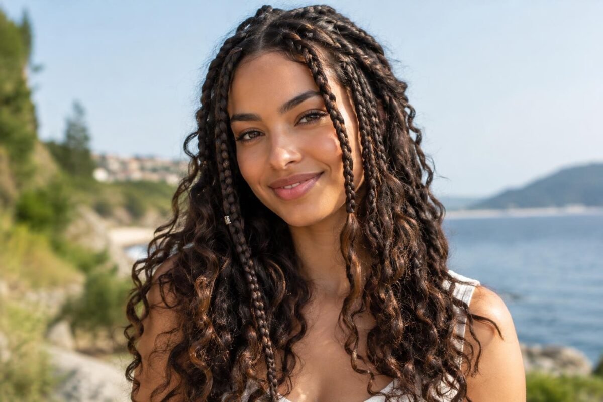 Jovem sorridente com cabelos cacheados e tranças gypsy braids estilizadas, ao ar livre em ambiente com vegetação e vista para o mar ao fundo.