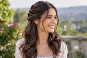 Mulher jovem sorridente com cabelo castanho ondulado preso parcialmente em torção, usando blusa clara com estampa floral, ao ar livre com fundo desfocado de paisagem natural.