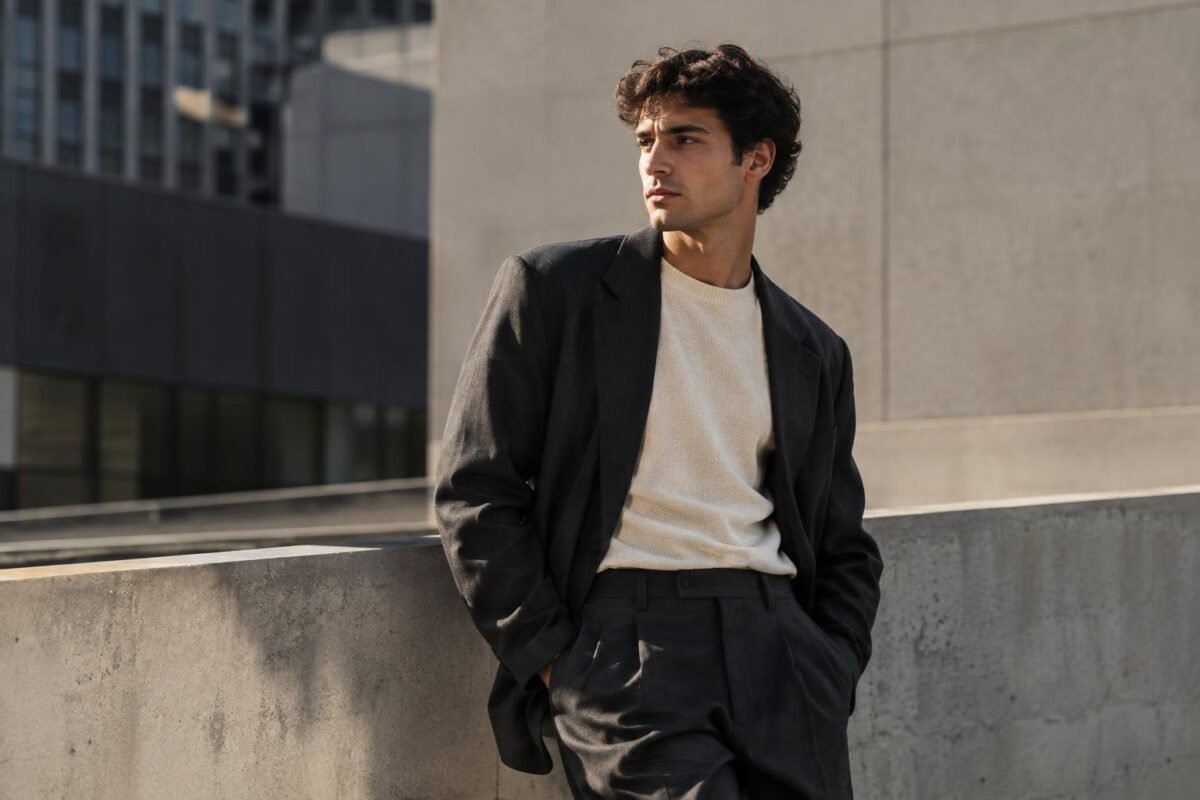 Homem jovem, com cabelo castanho encaracolado, veste blazer escuro e camiseta clara, apoiado em um muro de concreto em ambiente urbano moderno.