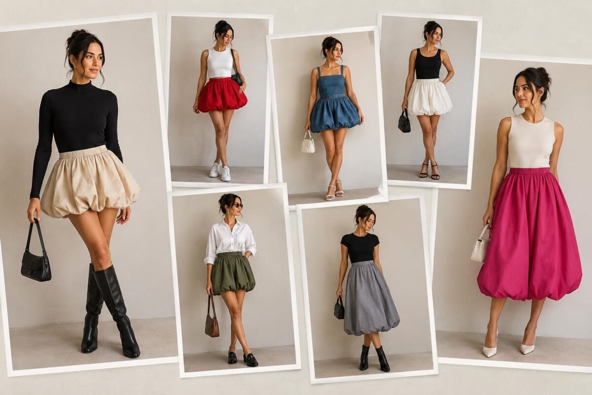 Montagem com sete fotos de uma mulher usando diferentes saias balonê de cores variadas, combinadas com blusas em estilos e cores diversas, em um fundo neutro.