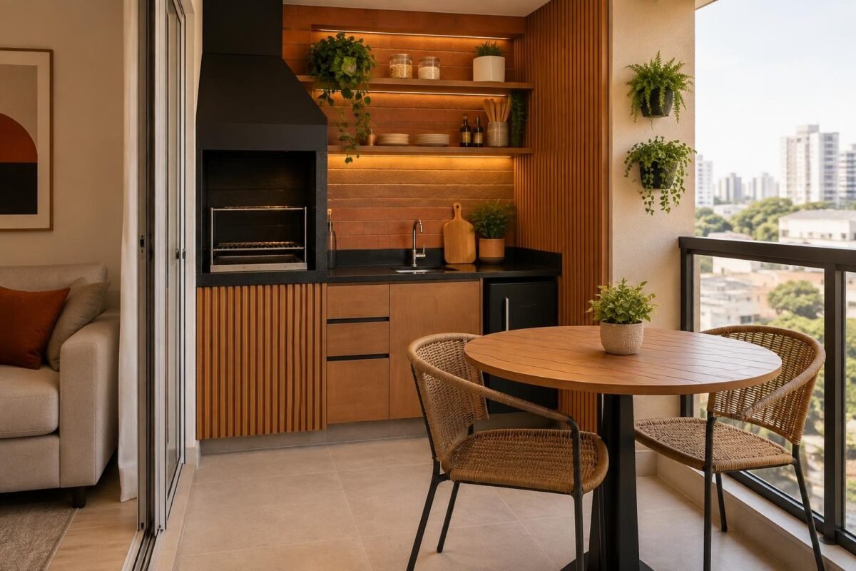 Varanda gourmet pequena com churrasqueira embutida, bancada em madeira com pia, prateleiras com objetos decorativos, mesa redonda de madeira com três cadeiras de vime e plantas na parede, vista para prédios ao fundo.