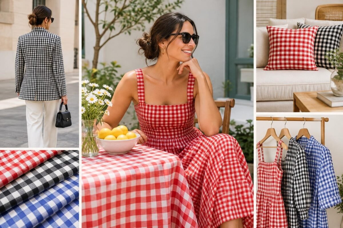 Montagem com seis fotos mostrando a estampa vichy: mulher sentada usando vestido vermelho com estampa vichy, mesa com toalha da mesma estampa, almofadas vermelha e preta com estampa vichy em sofá, mulher de costas com blazer xadrez preto e branco, tecido vichy em azul, preto e vermelho, e cabide com vestido vermelho e blusas azul e preta com estampa vichy.