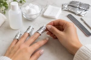 Mãos femininas com quatro dedos enrolados em papel alumínio, método para remoção de unhas de gel, em uma mesa com algodão, acetona em frasco, lixas, espátula e papel cortado.