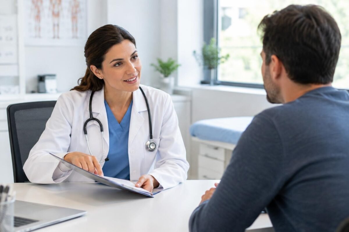 Médica sorridente sentada à mesa em consultório médico conversa com paciente homem de costas, ambos em ambiente claro e bem iluminado com equipamentos médicos ao fundo.