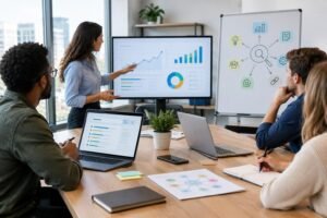 Reunião em escritório com quatro pessoas analisando gráficos de desempenho em monitor e quadro, enquanto uma mulher aponta para os dados.