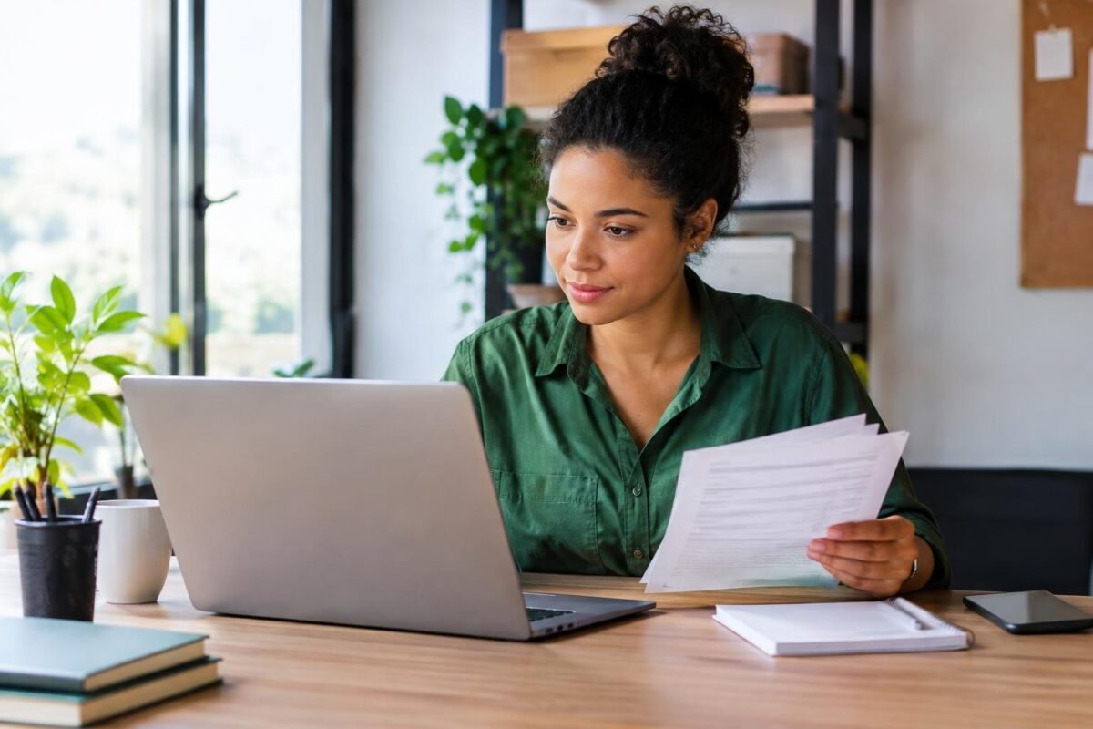 Mulher jovem sentada à mesa, segurando documentos, olhando para um laptop aberto em ambiente claro e organizado, com plantas e livros ao redor.