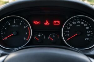 Painel de carro com três luzes vermelhas acesas: símbolo de pressão de óleo, termômetro indicando alta temperatura e icone de bateria, mostrados no centro do painel entre o conta-giros e o velocímetro.