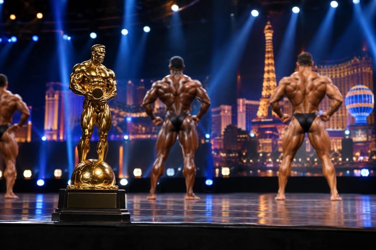 Troféu dourado do Mr. Olympia em primeiro plano em um palco iluminado, com três fisiculturistas musculosos de costas ao fundo em pose, ao lado de uma decoração com luzes e elementos que lembram Las Vegas.