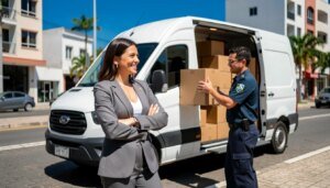 Empresária confiante supervisionando transporte de cargas em Maceió, com van branca e caixas organizadas.
