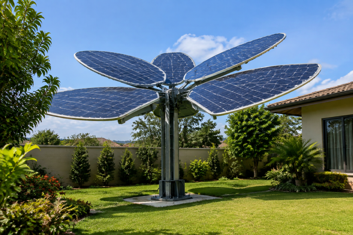 Projeto caseiro transforma painéis solares em escultura móvel no jardim Projeto caseiro transforma painéis solares em escultura móvel no jardim