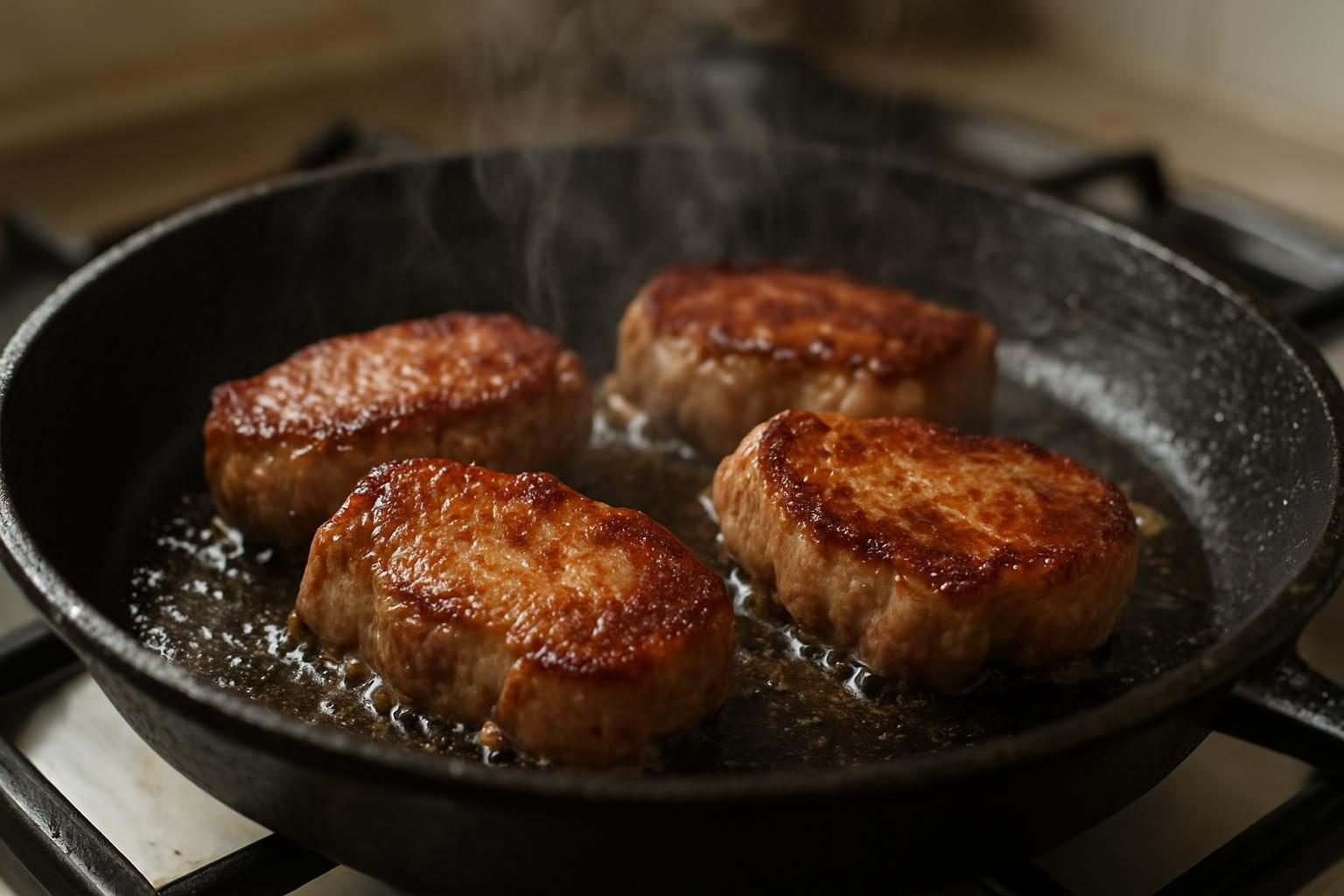 Pedaços de carne dourando em panela quente de fundo grosso