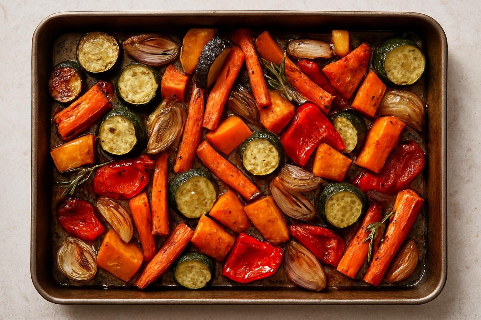Assadeira com legumes assados e caramelizados com ervas