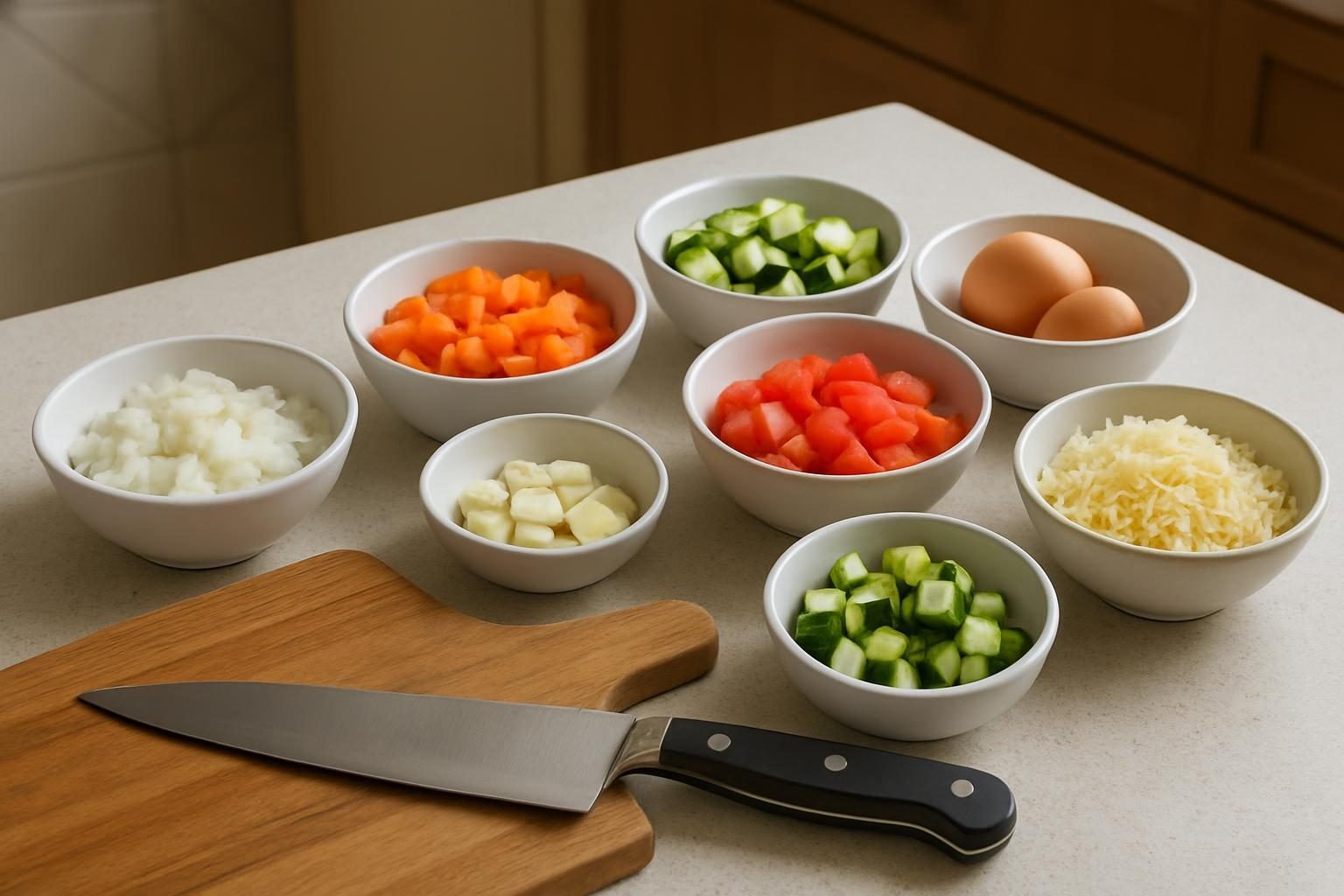 Ingredientes picados e separados em tigelas sobre a bancada antes de cozinhar