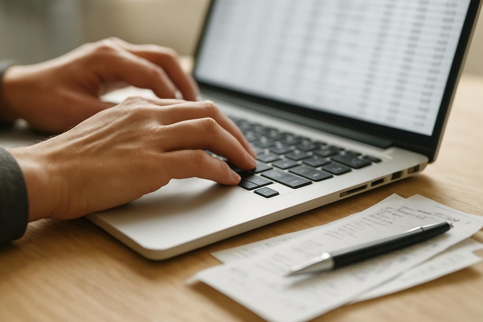 Mãos digitando valores em uma planilha de controle financeiro no computador