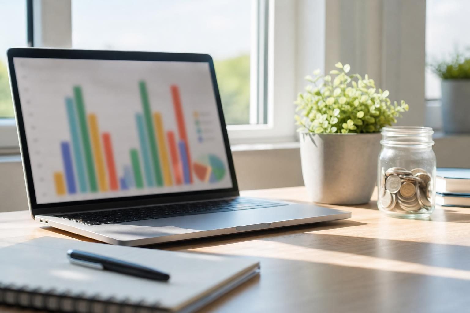 Notebook com gráfico de orçamento ao lado de pote com moedas e planta
