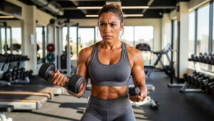 Mulher forte treinando com halteres em academia iluminada, expressão determinada e postura firme