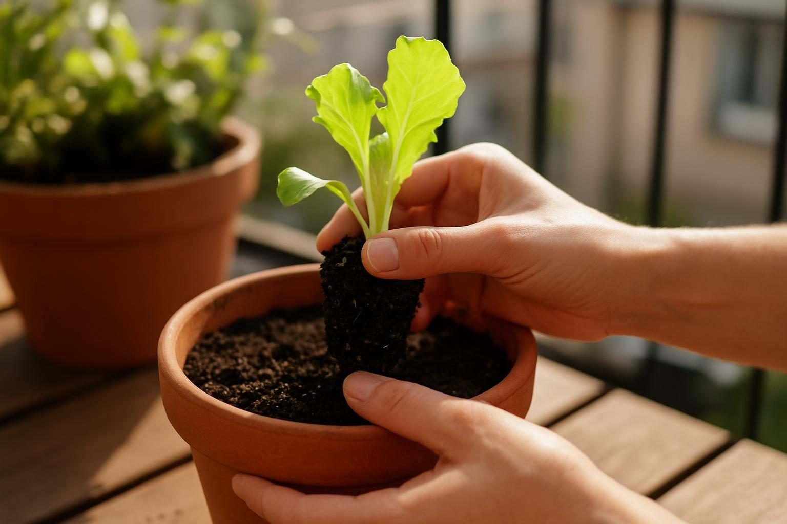 Mãos plantando muda de alface em vaso na varanda