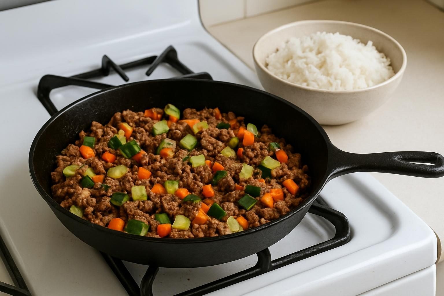 Panela com carne moída refogada com abobrinha e cenoura ao lado de uma tigela de arroz