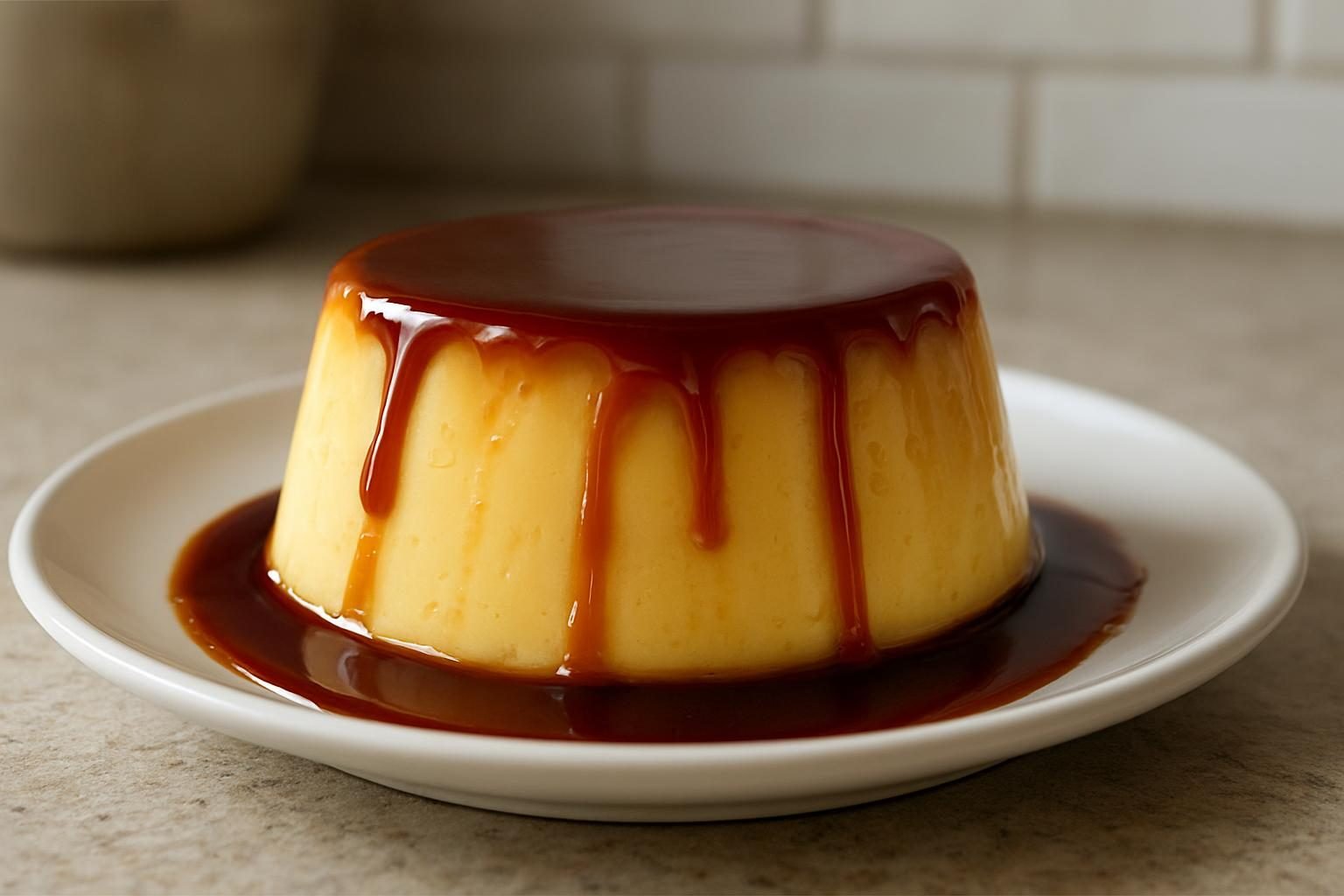 Pudim de leite condensado desenformado com calda de caramelo escorrendo