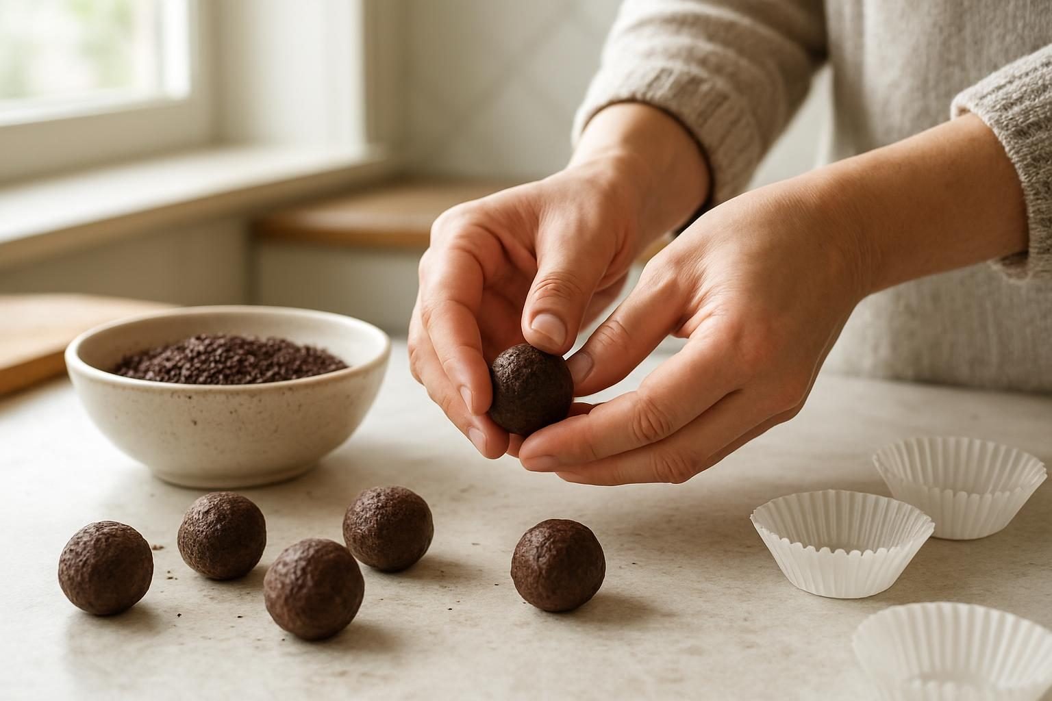 Mãos enrolando brigadeiros e passando no granulado