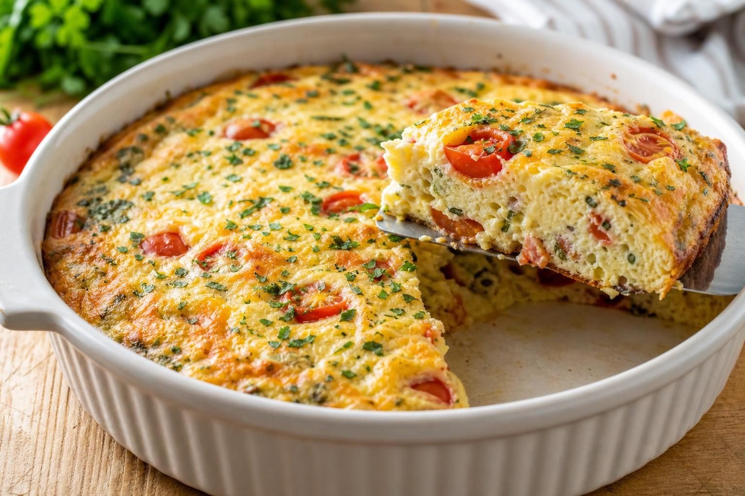 Omelete de forno dourada em refratário com uma fatia cortada