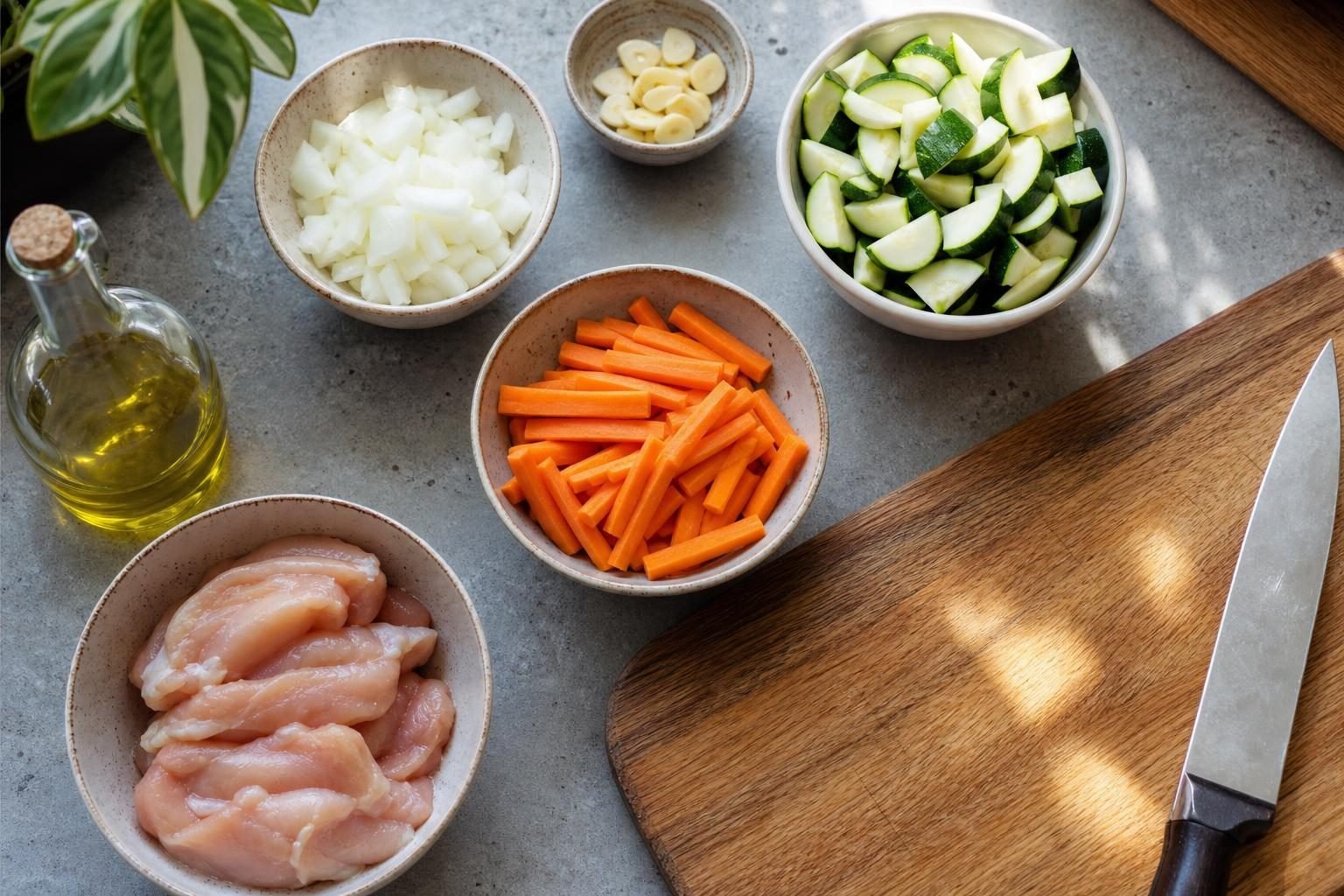 Ingredientes picados e separados em potinhos na bancada antes de cozinhar
