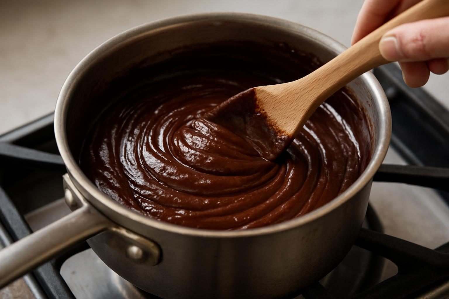 Massa de brigadeiro sendo mexida na panela com espátula de madeira