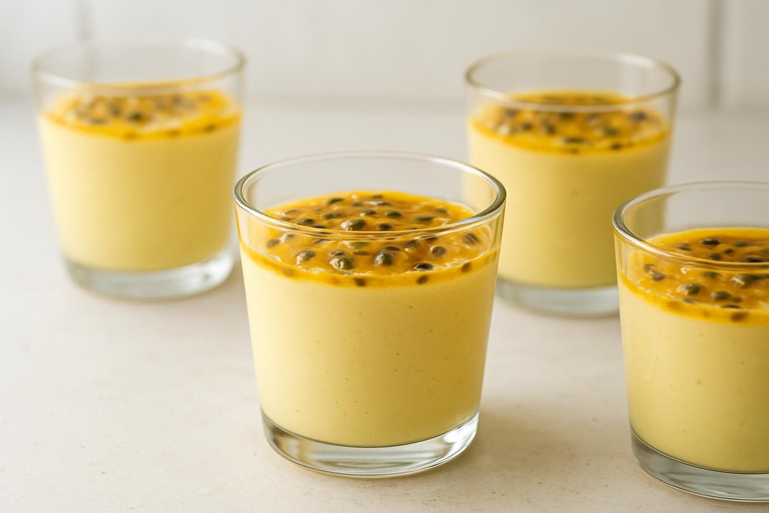 Taças de mousse de maracujá cobertas com polpa da fruta