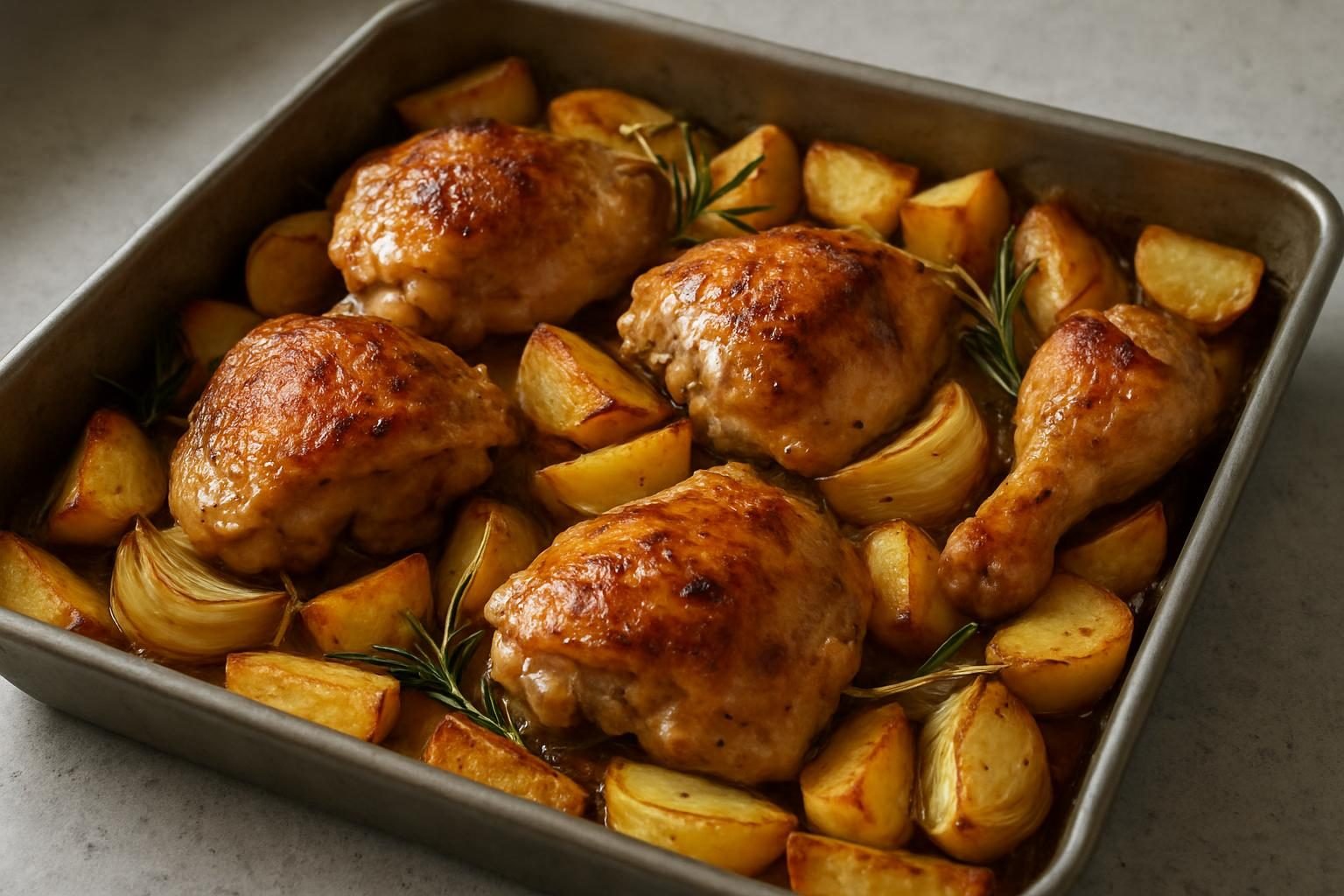Assadeira com coxas e sobrecoxas de frango assadas sobre batatas e alecrim