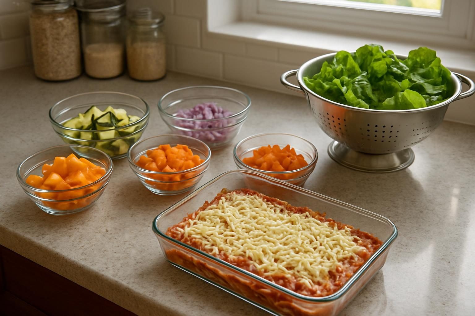 Bancada de cozinha com legumes picados e lasanha montada pronta para ir ao forno